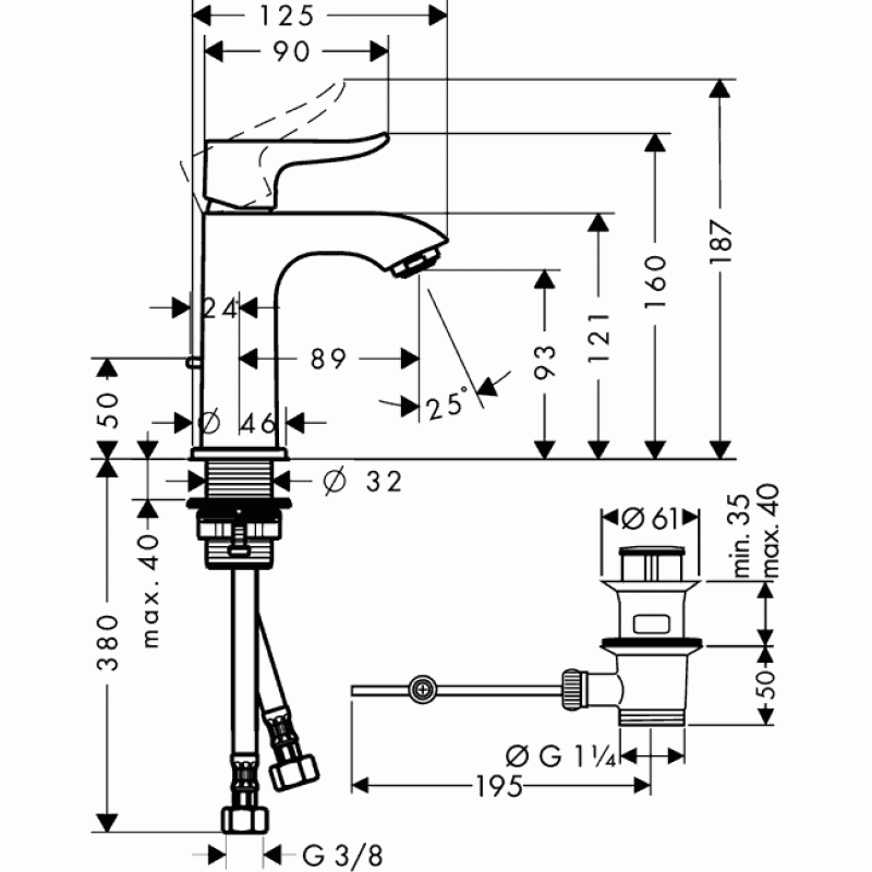 Сливная гарнитура для смесителя. 31084000 Hansgrohe. Смеситель для раковины Hansgrohe Rebris e со сливным гарнитуром 72557000. Смеситель для раковины Hansgrohe Rebris s 110, со сливным гарнитуром 72517000. 91103 Hansgrohe.