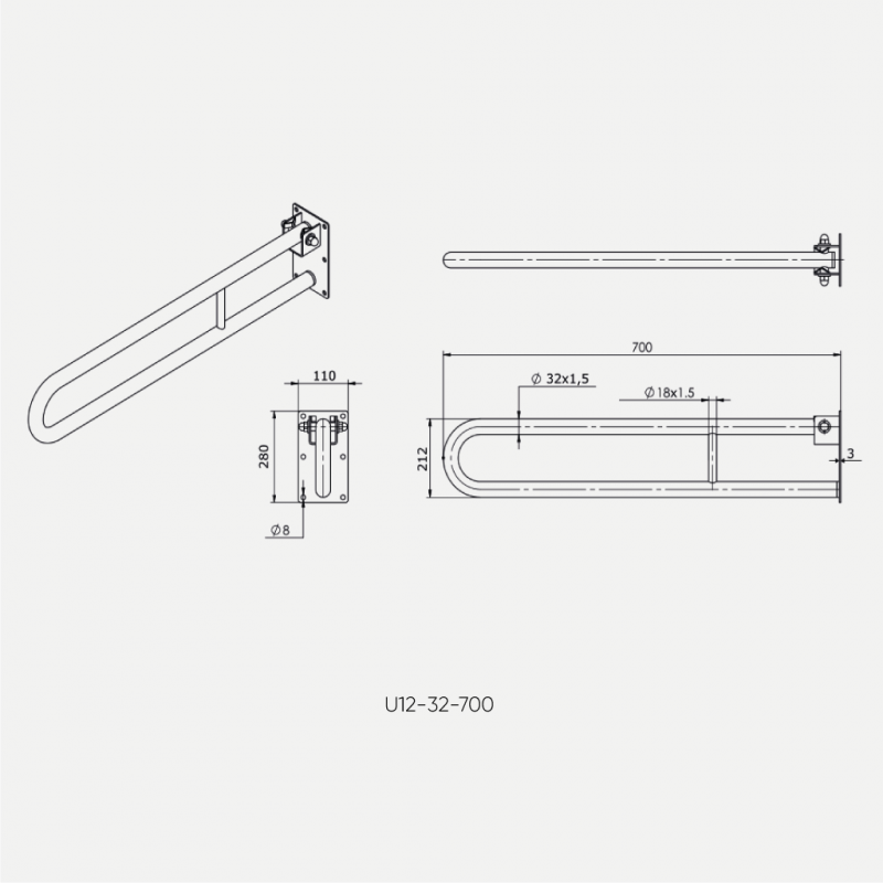 Поручень реабилитационный откидной для установки около унитаза размеры 700х700 мм
