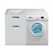 Тумба с раковиной Misty Куба 60 с 1 ящиком и бельевой корзиной под стиральную машину белая эмаль левая 55 см