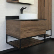 Тумба подвесная Comforty Порто 75 00-00008926 дуб тёмно-коричневый с черной столешницей с раковиной Comforty 9110