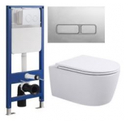 СЕТ Система инсталляции для унитазов SinteSi CCI-SMP-101  +Кнопка смыва для инсталляции SinteSi FB-BSC-503 Хром  +Унитаз подвесной безободковый SinteSi DANTE с крышкой-сиденьем дюропласт, микролифт