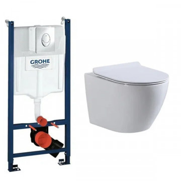 Комплект. Инсталляция 38745001 Grohe Rapid SL + beWash Подвесной безободковый унитаз Minimal с сиденьем микролифт белый глянец BKWHR003480  (GR7450480)