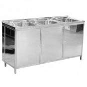 Тумба нержавеющая с 3-х секционной мойкой и двумя отверстиями под настольный смеситель