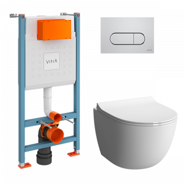 Унитаз с инсталляцией Vitra Sento 9830B003-7212 с сиденьем микролифт и клавишей глянцевый хром