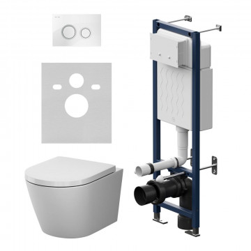 Комплект подвесного унитаза с инсталляцией Am.Pm X-Joy IS110101.851900 безободковый, с крышкой-сиденьем микролифт, белый глянцевый, с белой глянцевой кнопкой