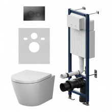 Комплект подвесного унитаза с инсталляцией Am.Pm X-Joy IS110138.851900 безободковый, с крышкой-сиденьем микролифт, белый глянцевый, с черной матовой кнопкой