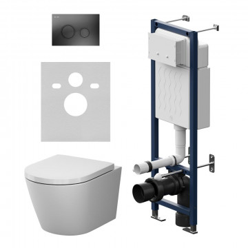 Комплект подвесного унитаза с инсталляцией Am.Pm X-Joy IS110138.851900 безободковый, с крышкой-сиденьем микролифт, белый глянцевый, с черной матовой кнопкой